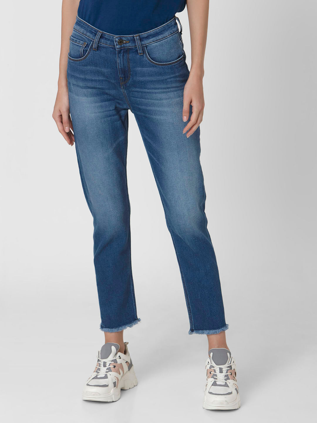 Blue Mid Rise Girlfriend Jeans