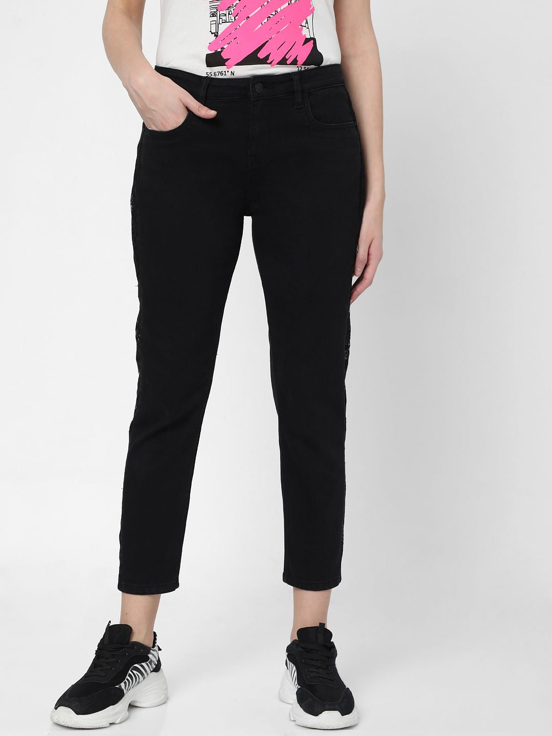 Black Mid Rise Lace Side Panel Girlfriend Jeans