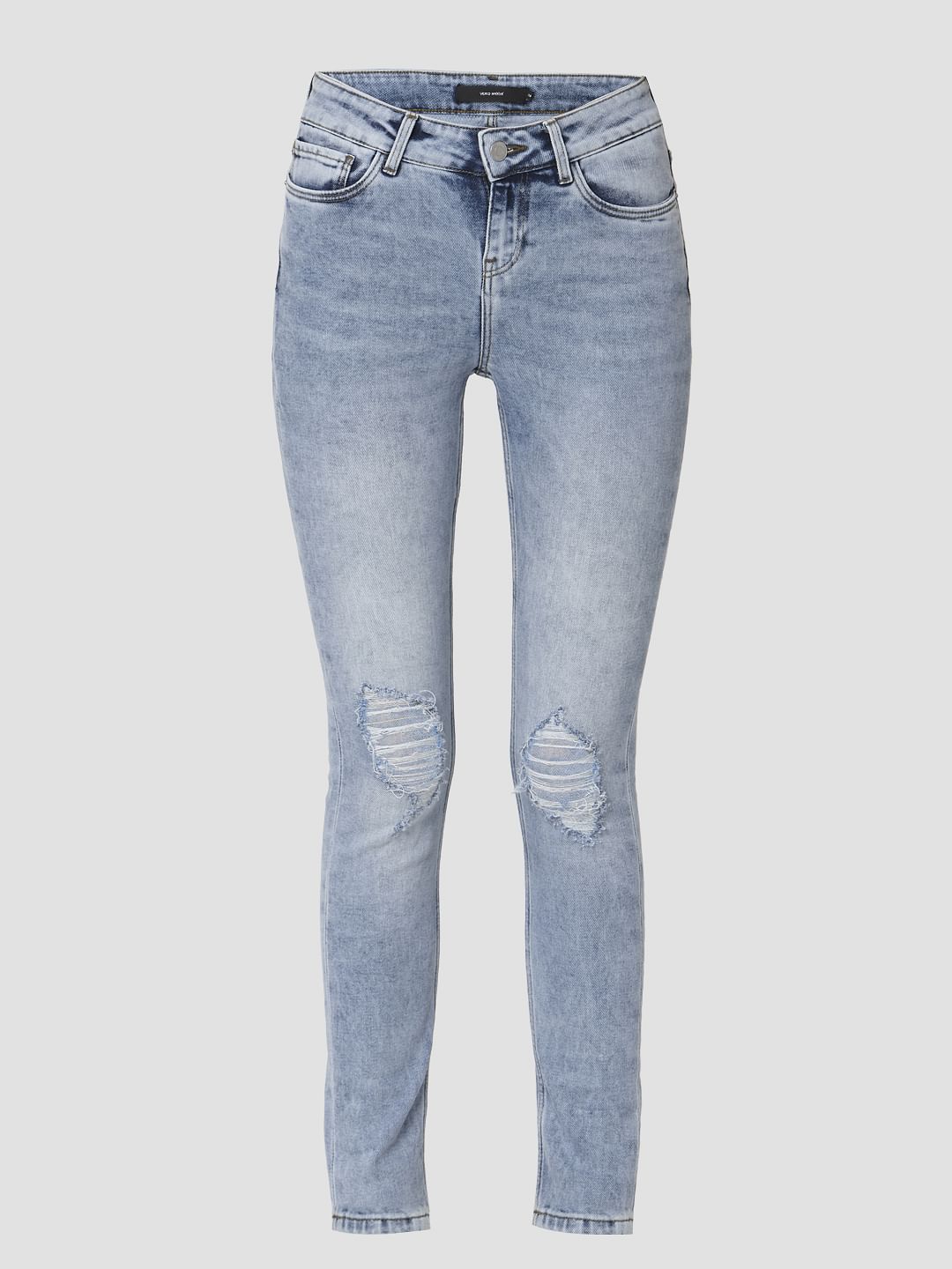 Light Blue Mid Rise Ripped Skinny Jeans
