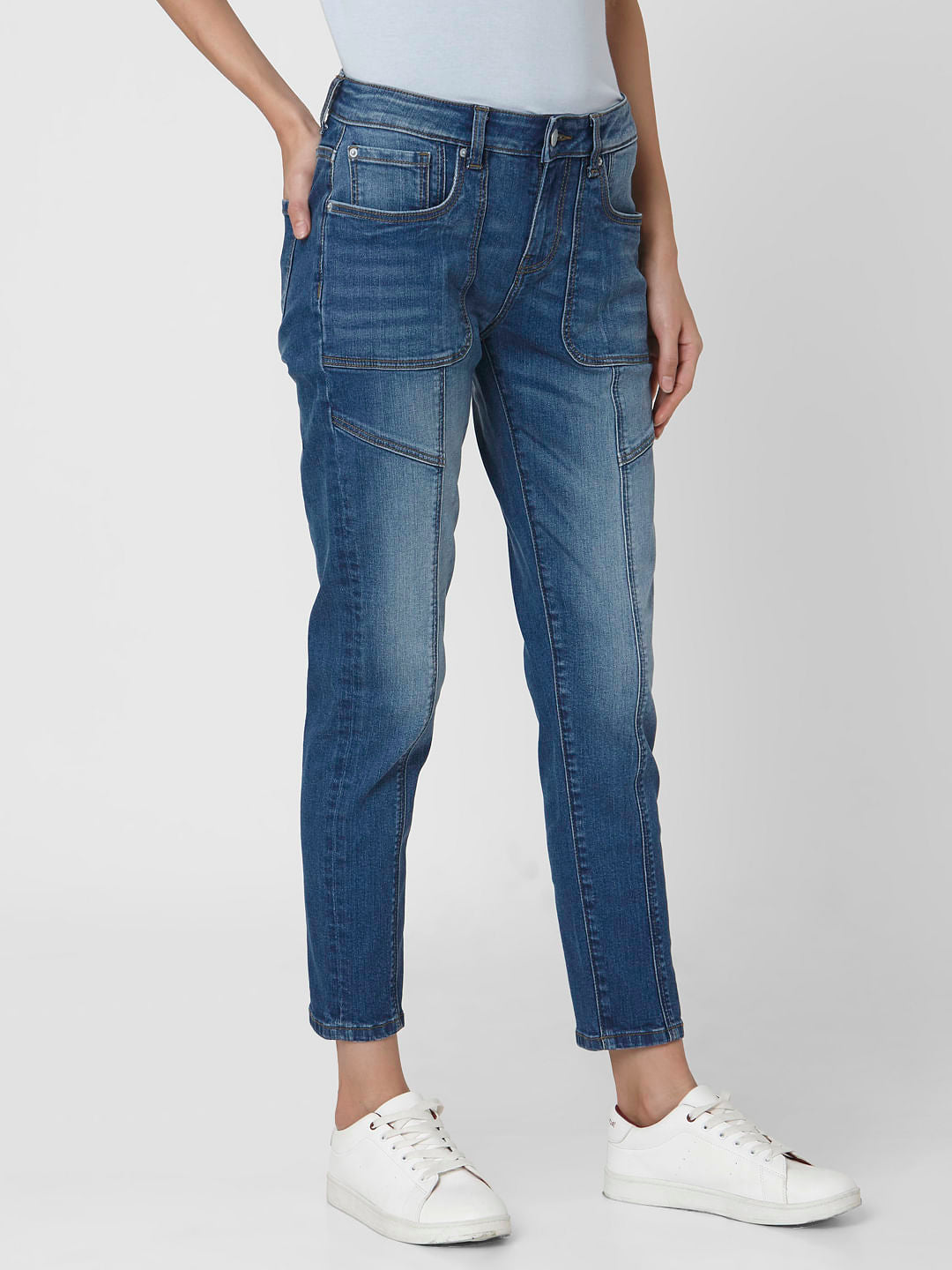 Blue Mid Rise Patch Pocket Girlfriend Jeans