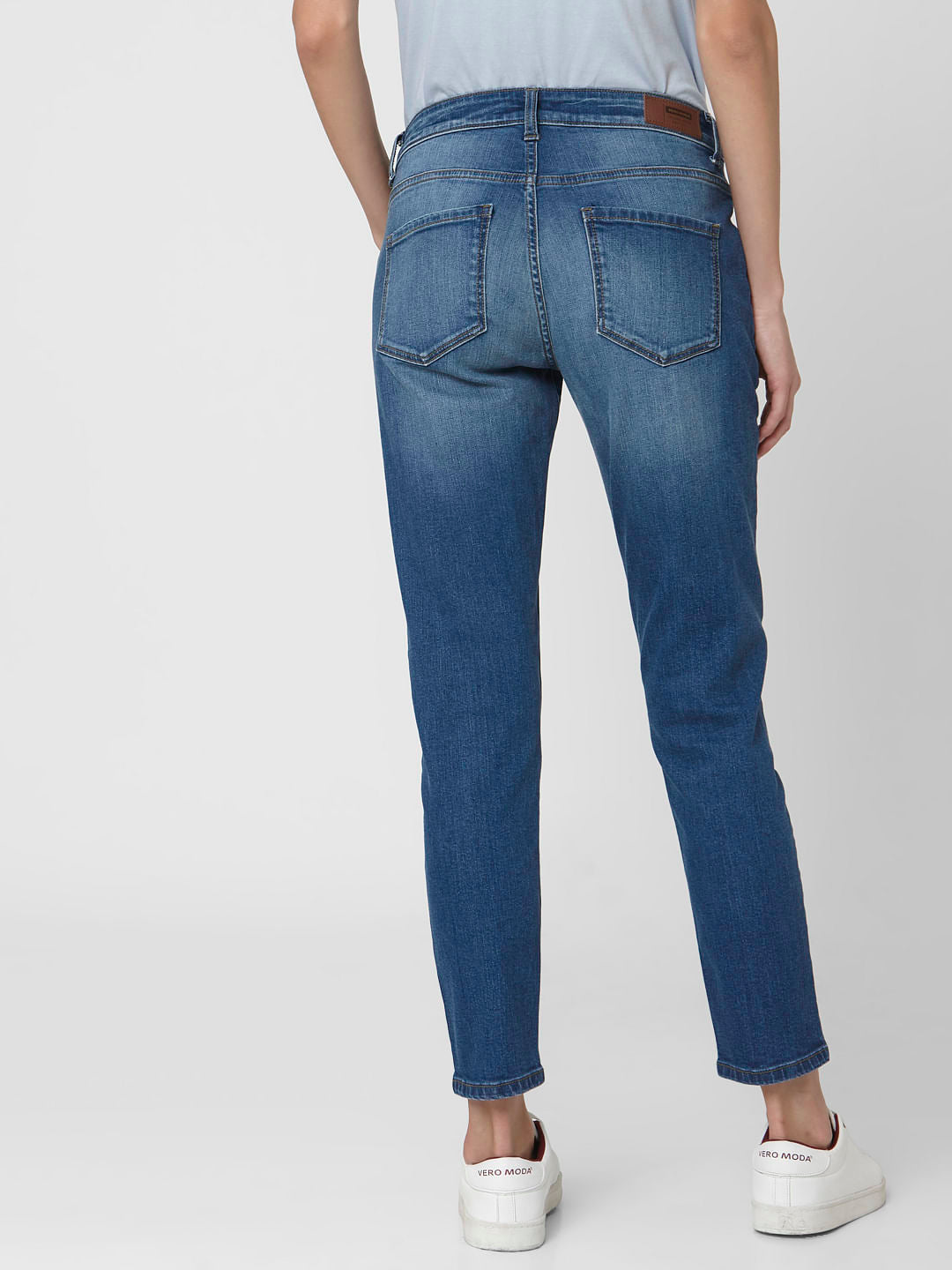 Blue Mid Rise Patch Pocket Girlfriend Jeans
