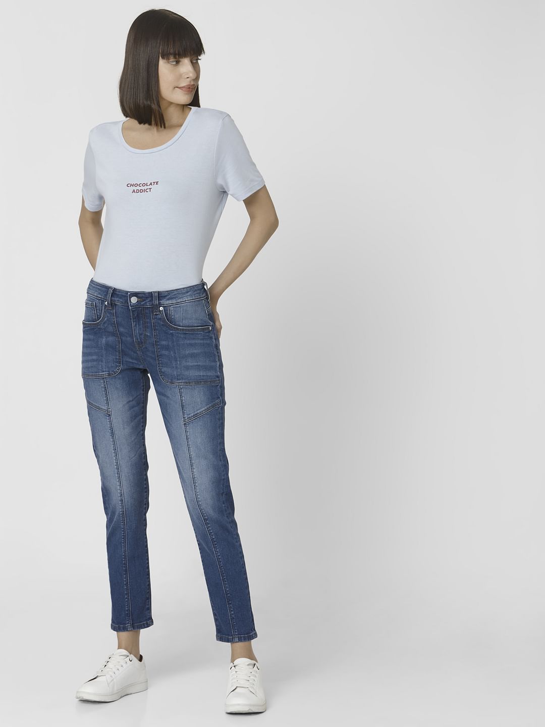 Blue Mid Rise Patch Pocket Girlfriend Jeans
