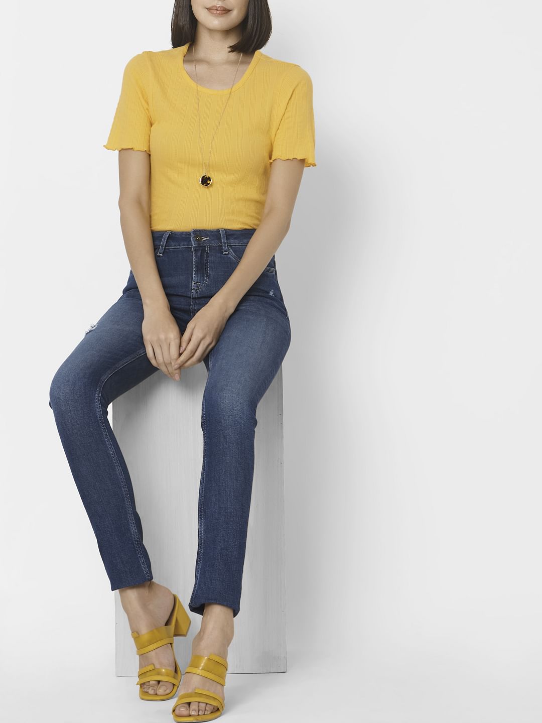Dark Blue Mid Rise Ripped Skinny Jeans