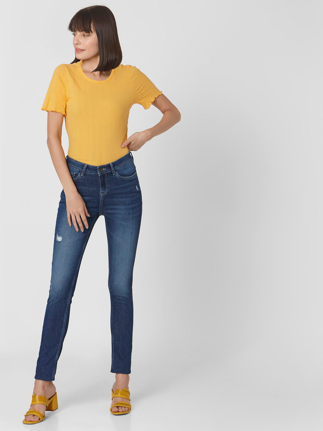 Dark Blue Mid Rise Ripped Skinny Jeans