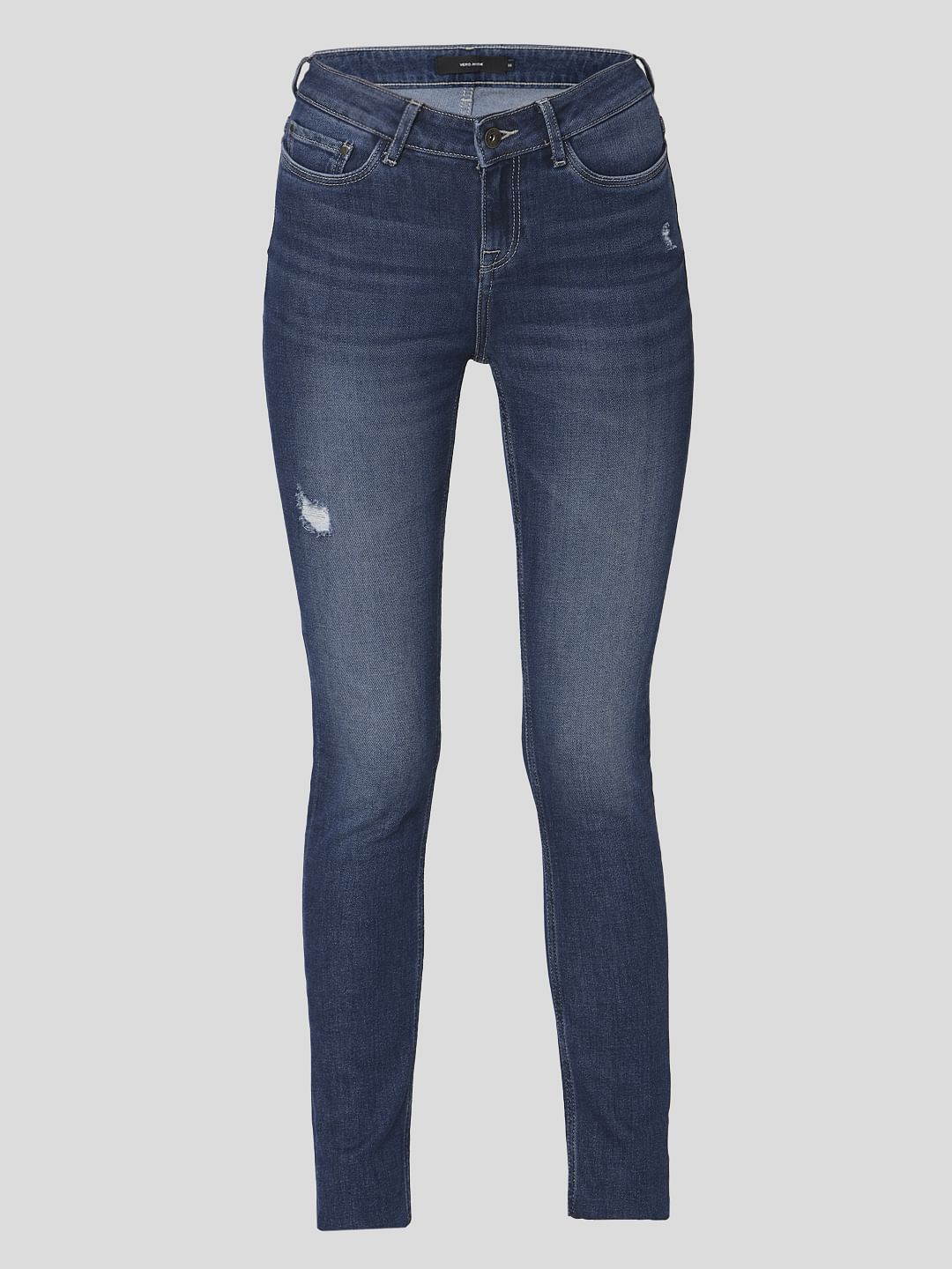 Dark Blue Mid Rise Ripped Skinny Jeans