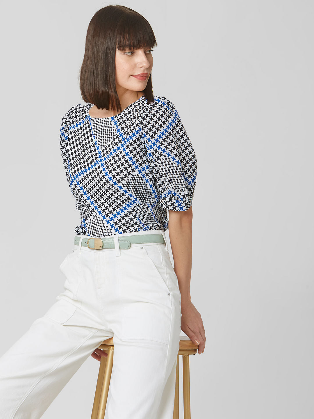 White Houndstooth Print Top