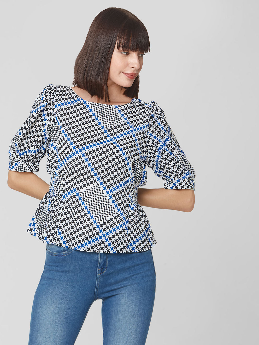 White Houndstooth Print Top