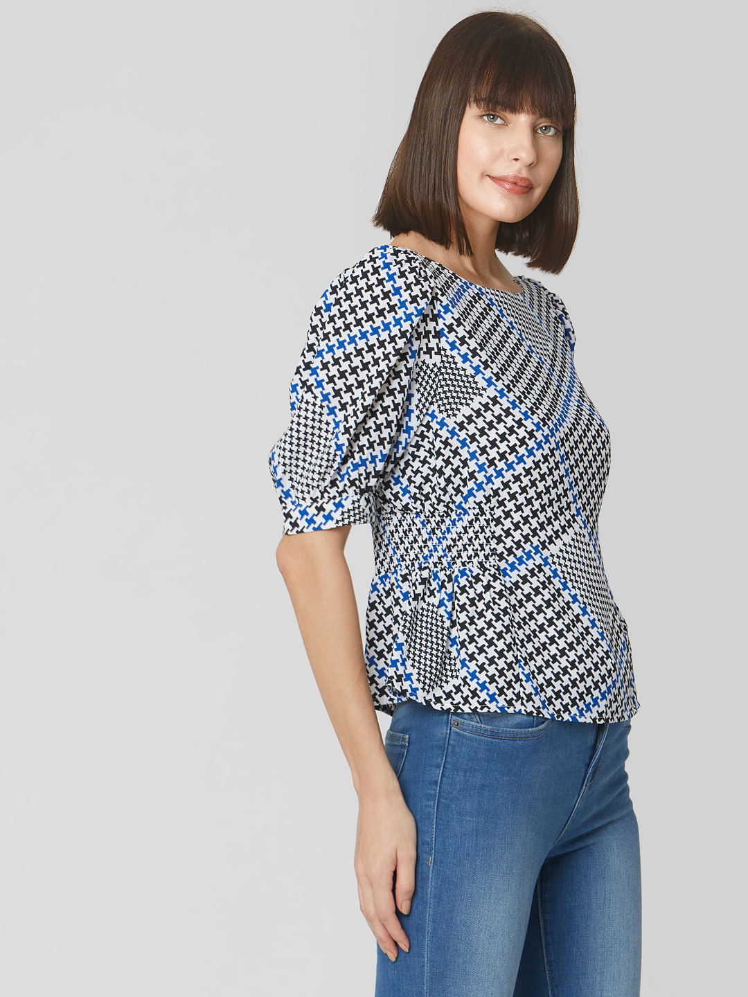 White Houndstooth Print Top