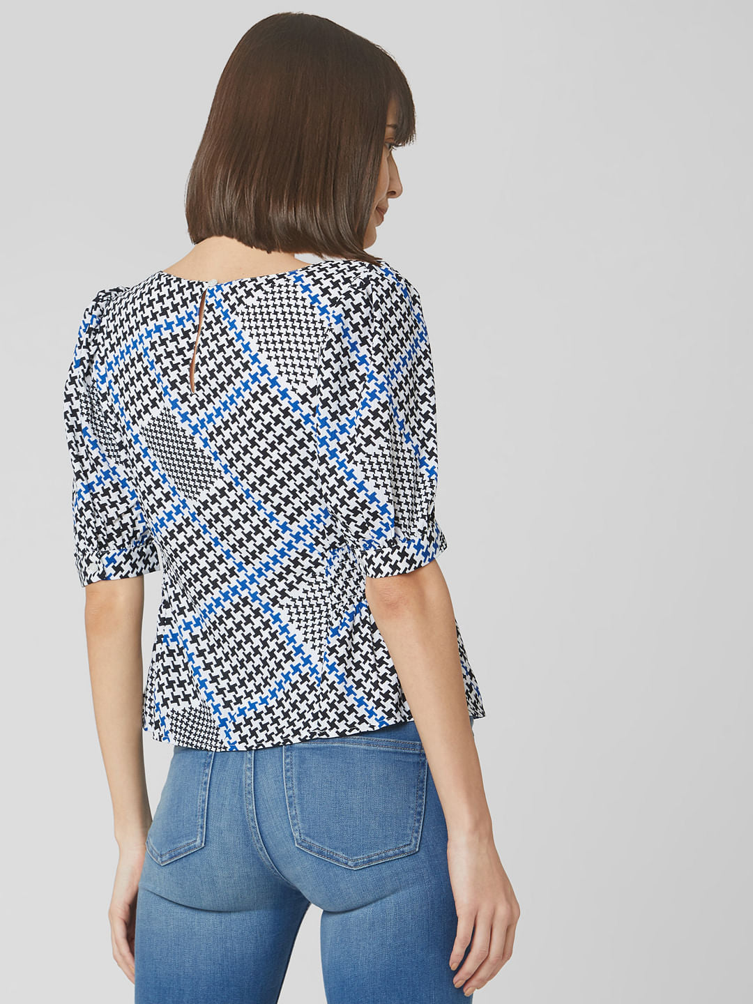 White Houndstooth Print Top