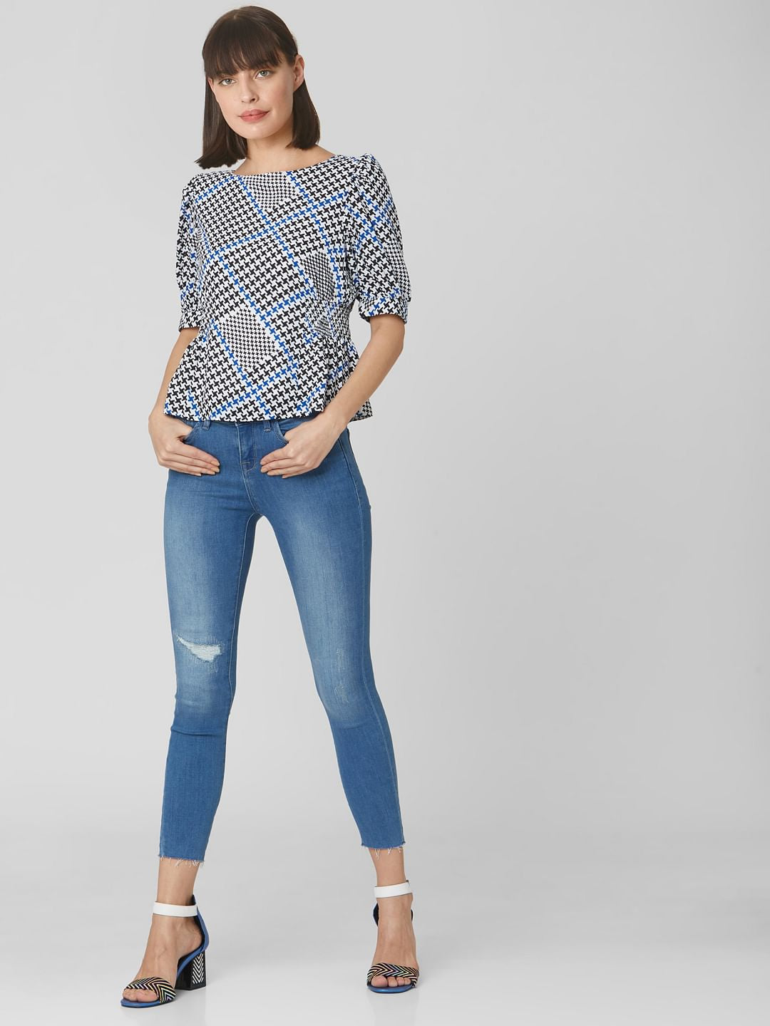 White Houndstooth Print Top