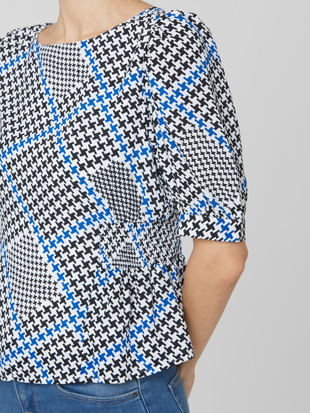 White Houndstooth Print Top