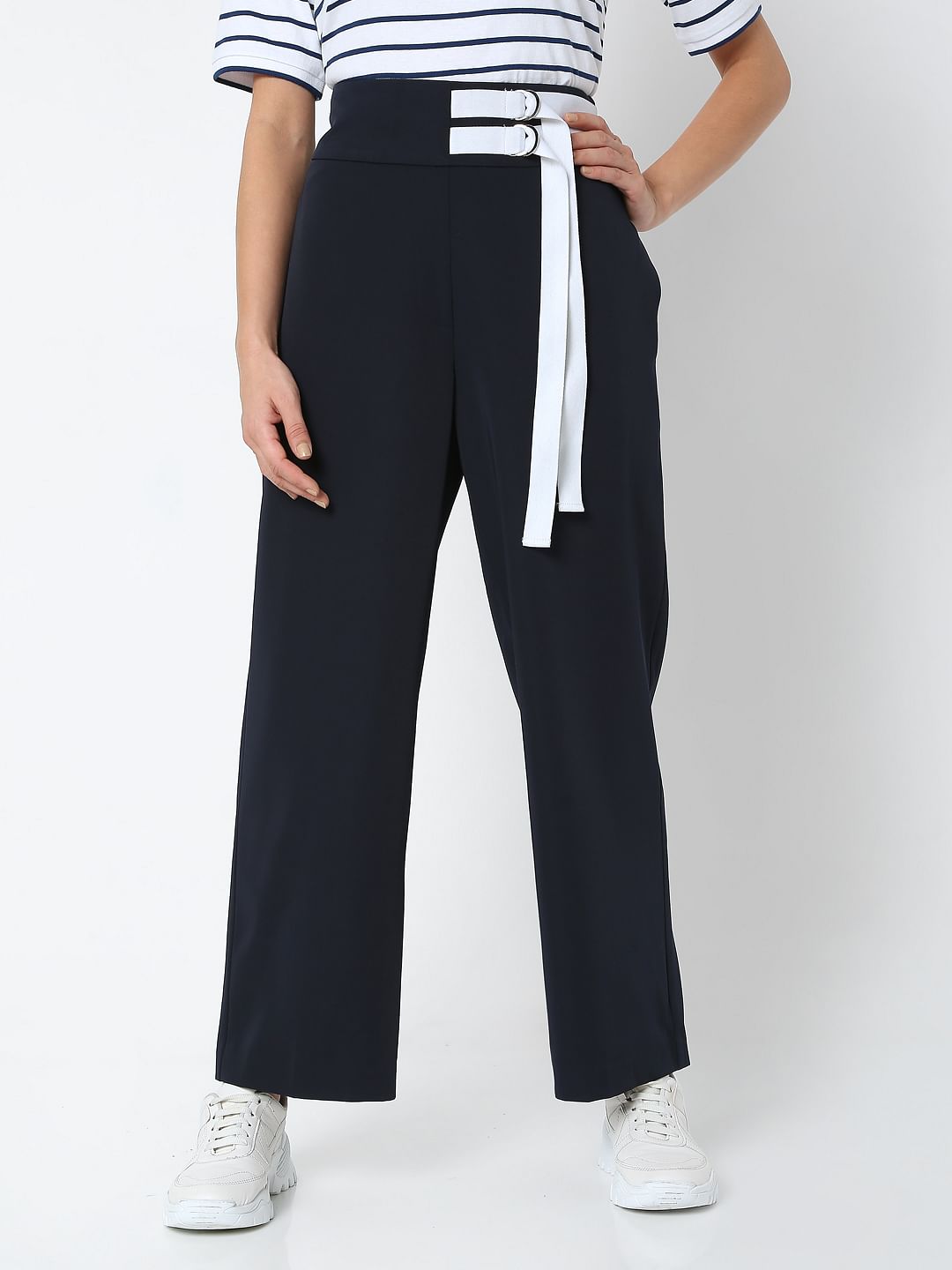 Navy Blue High Rise Wide Leg Pants