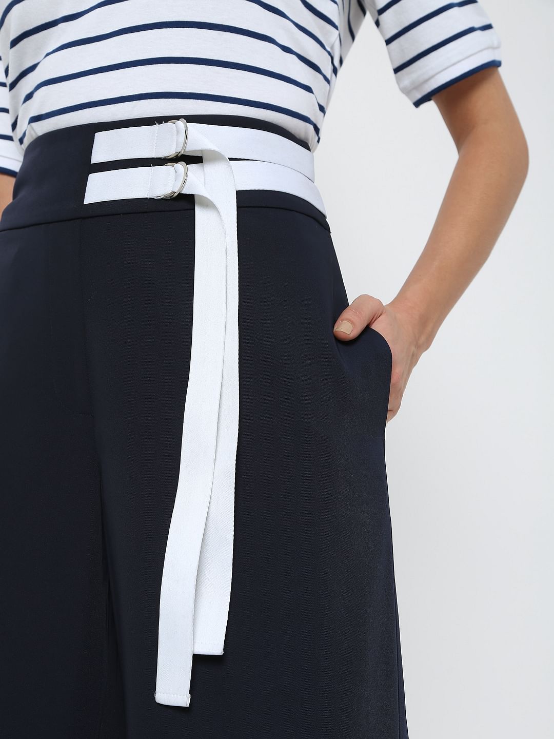 Navy Blue High Rise Wide Leg Pants
