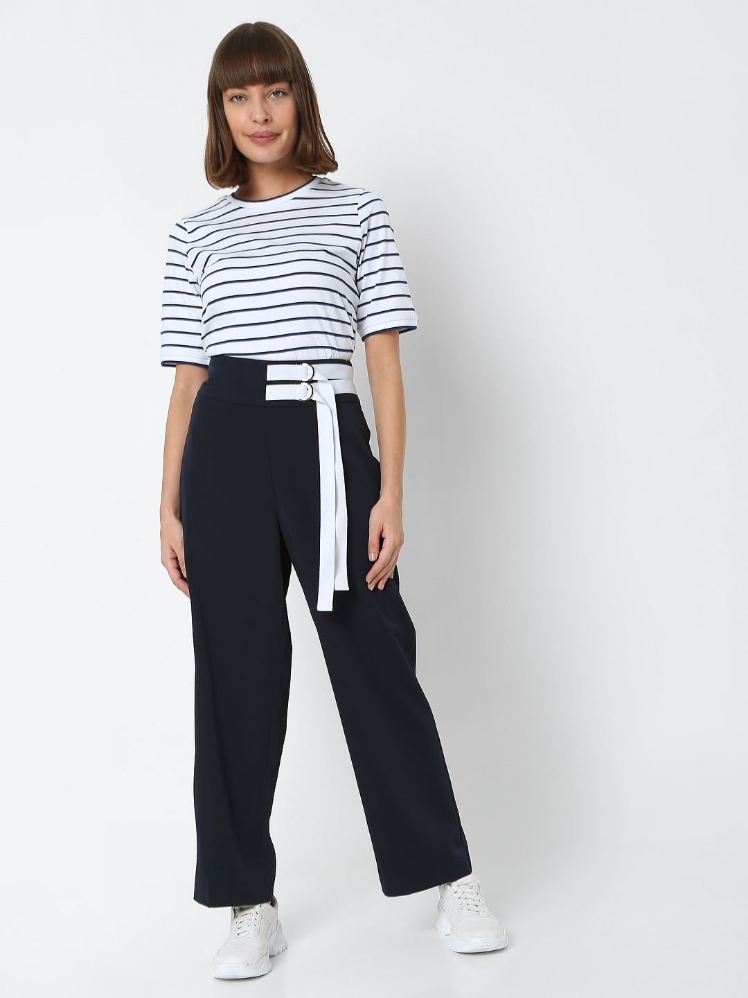 Navy Blue High Rise Wide Leg Pants