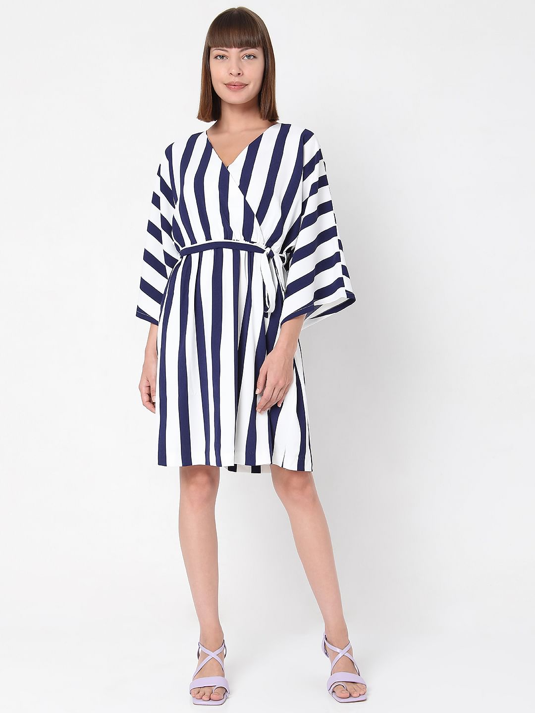 White Striped Fit & Flare Dress