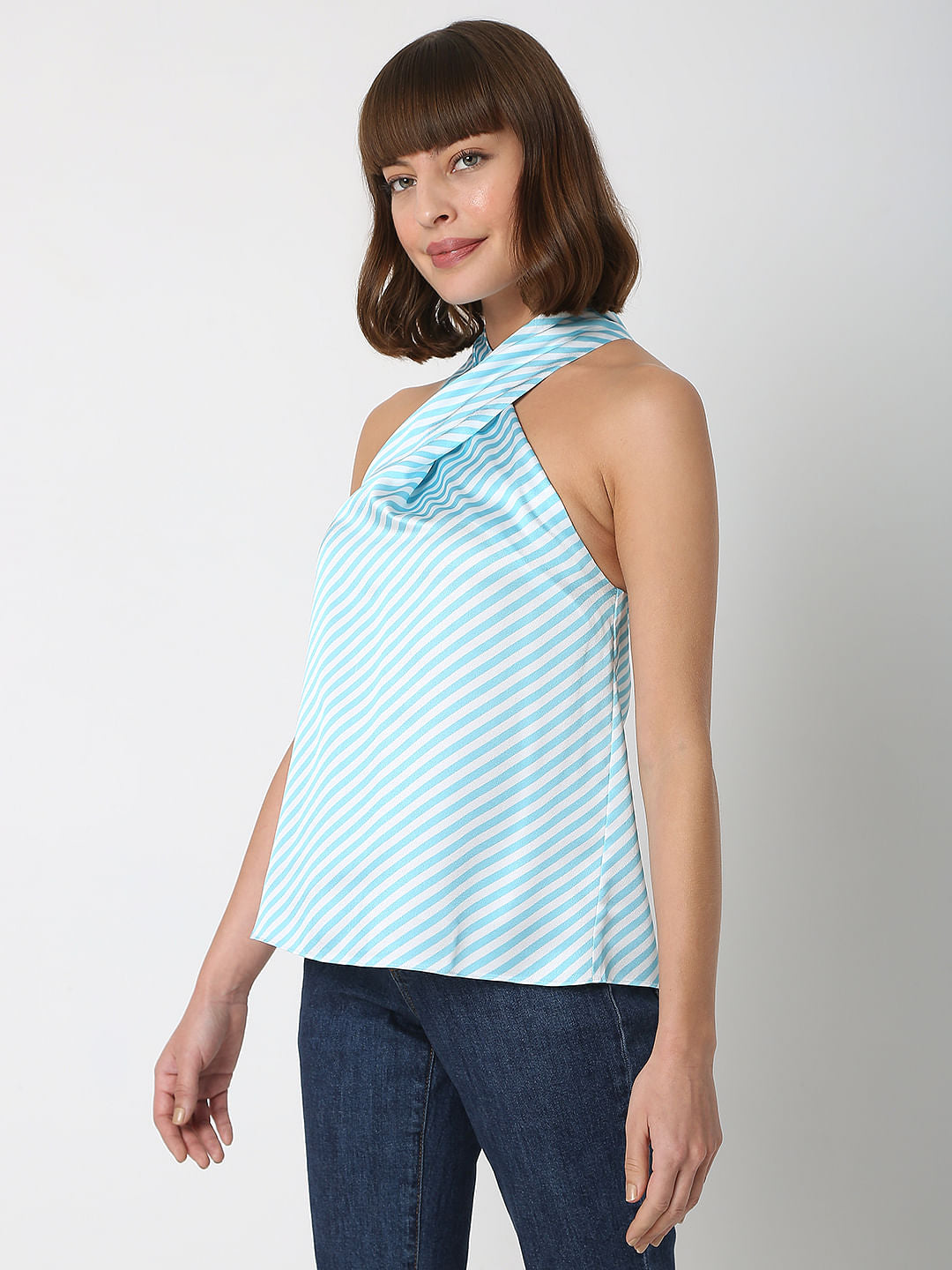 Blue Striped Halter Neck Top