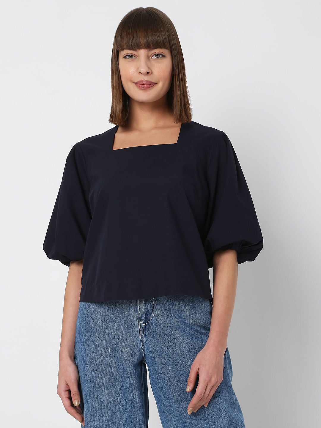 Navy Blue Square Neck Top
