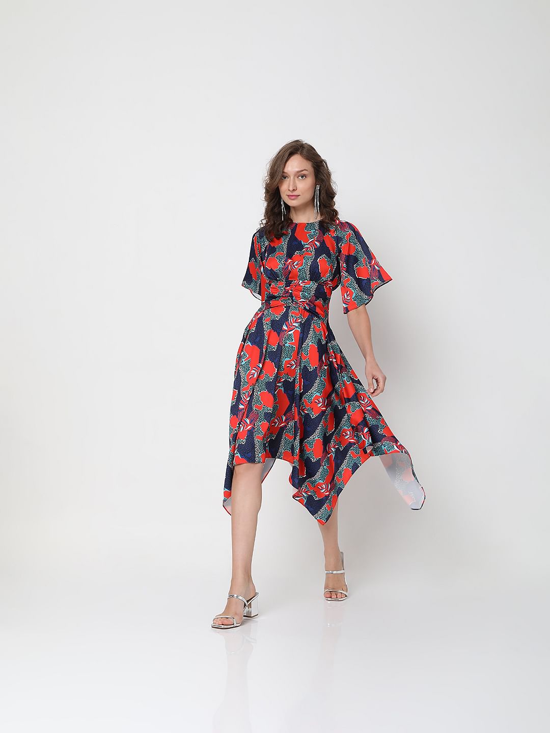 Blue All Over Print Asymmetric Midi Dress