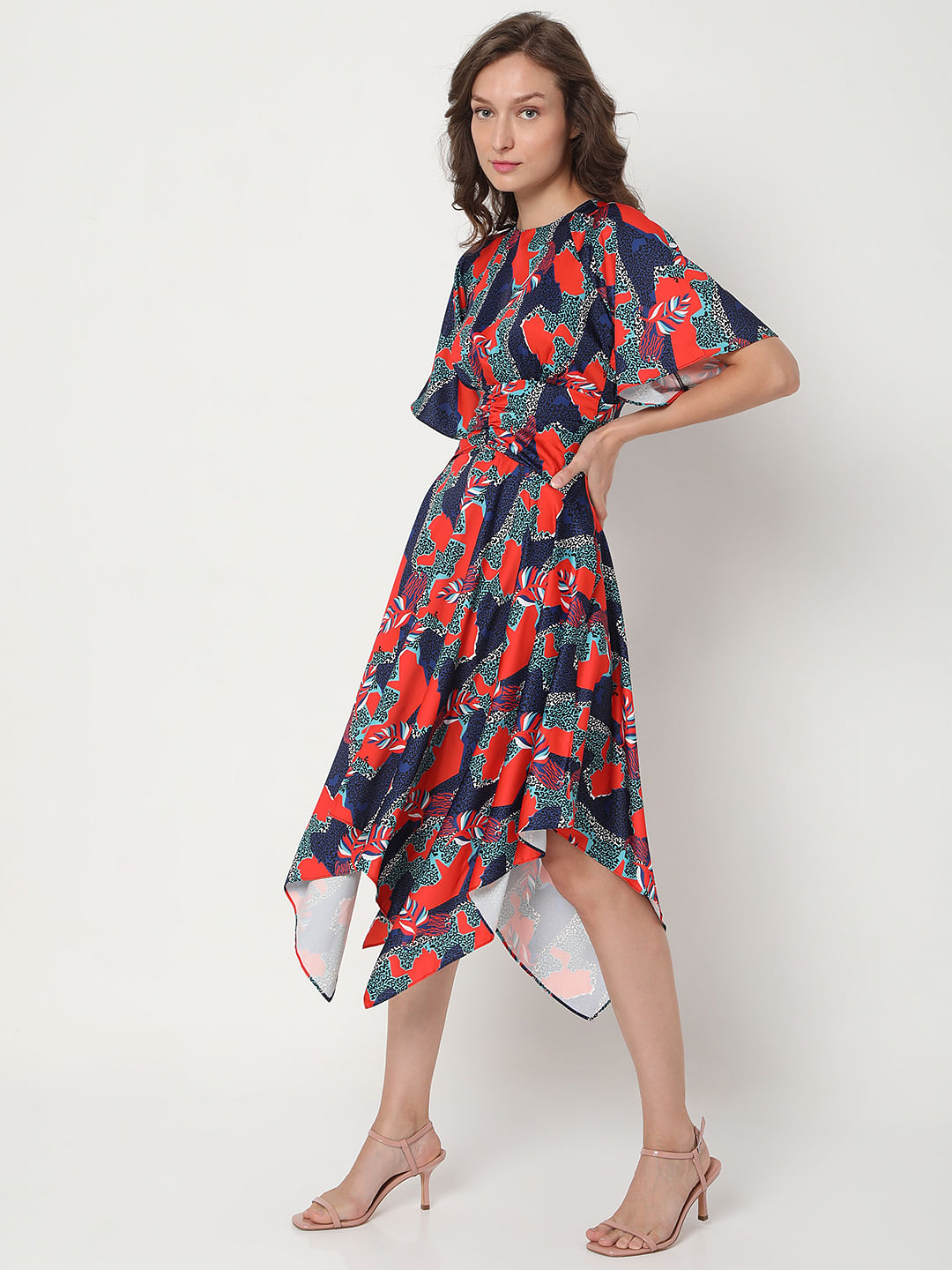Blue All Over Print Asymmetric Midi Dress