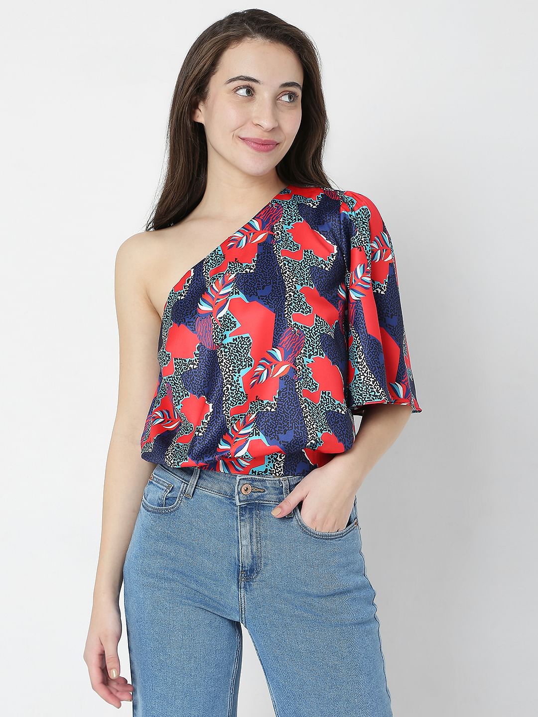 Blue Printed One Shoulder Top