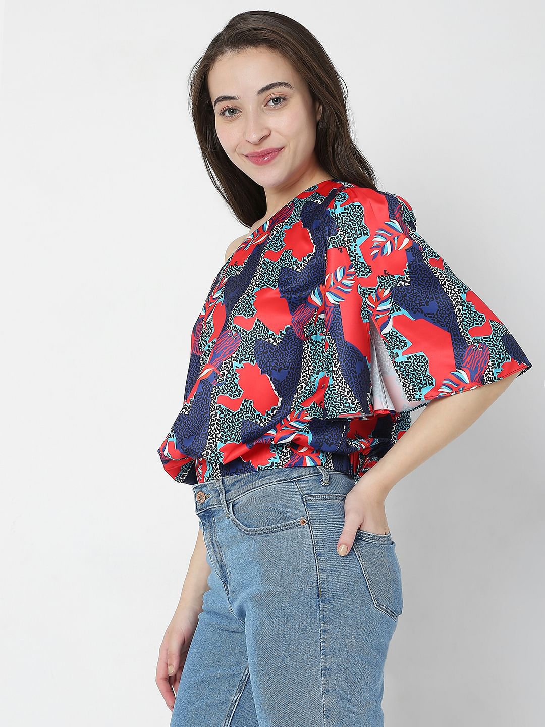 Blue Printed One Shoulder Top