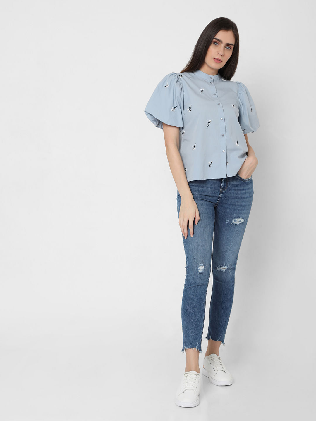 Blue Floral Embroidered Top