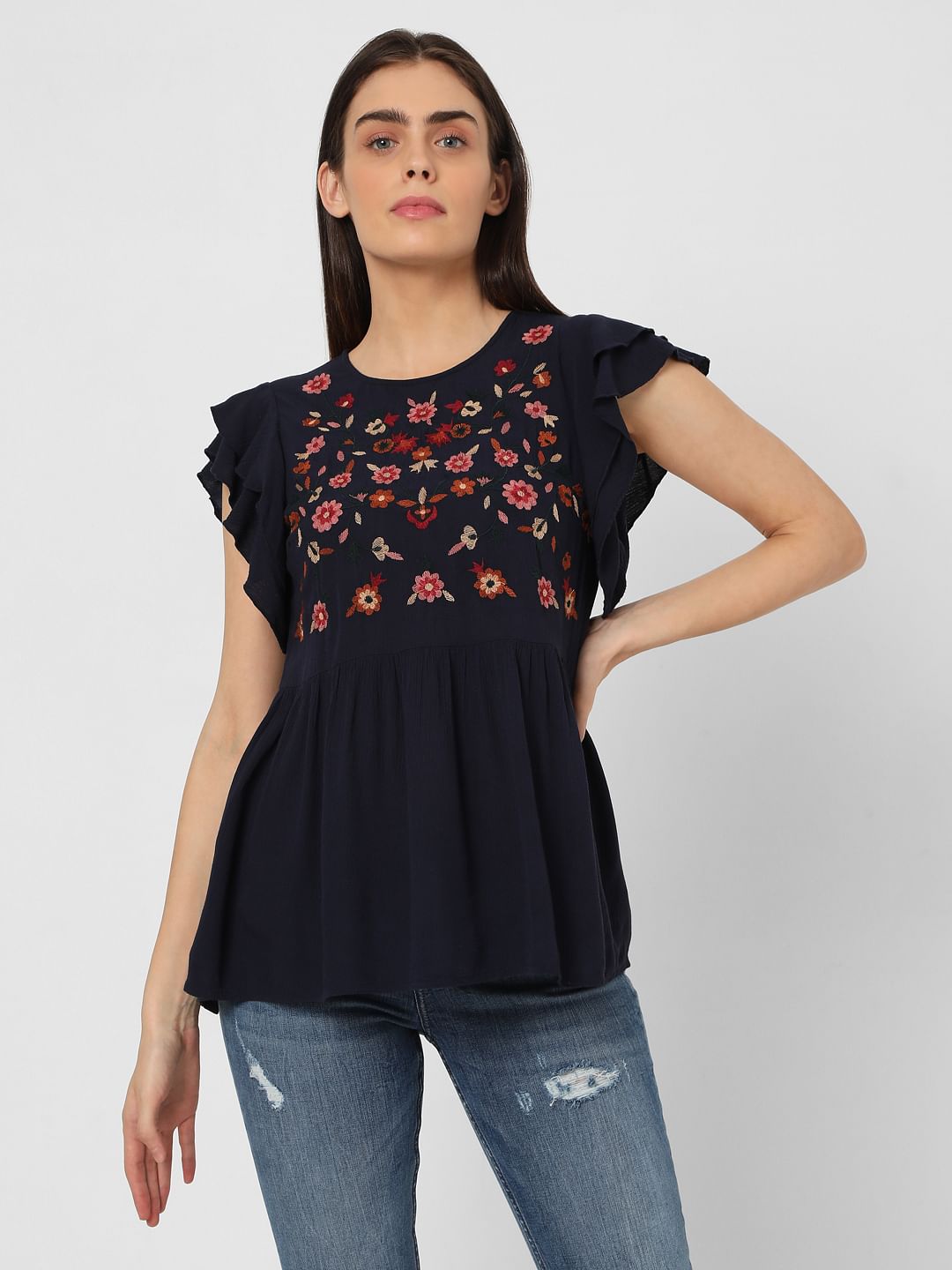Blue Embroidered Peplum Top