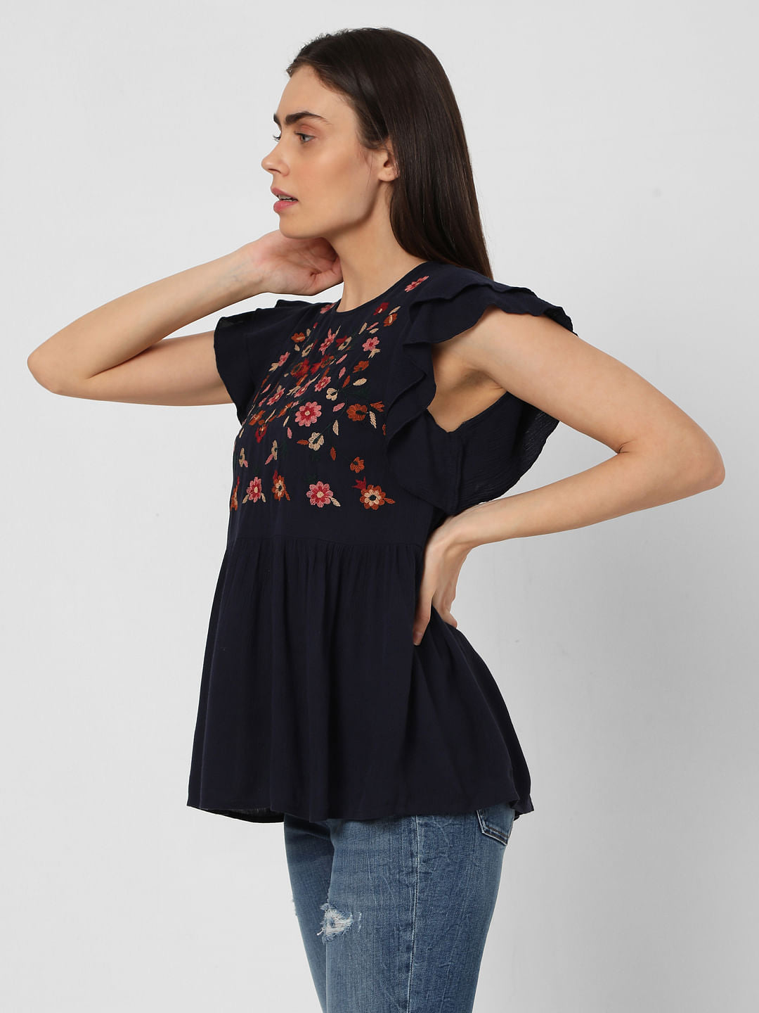 Blue Embroidered Peplum Top