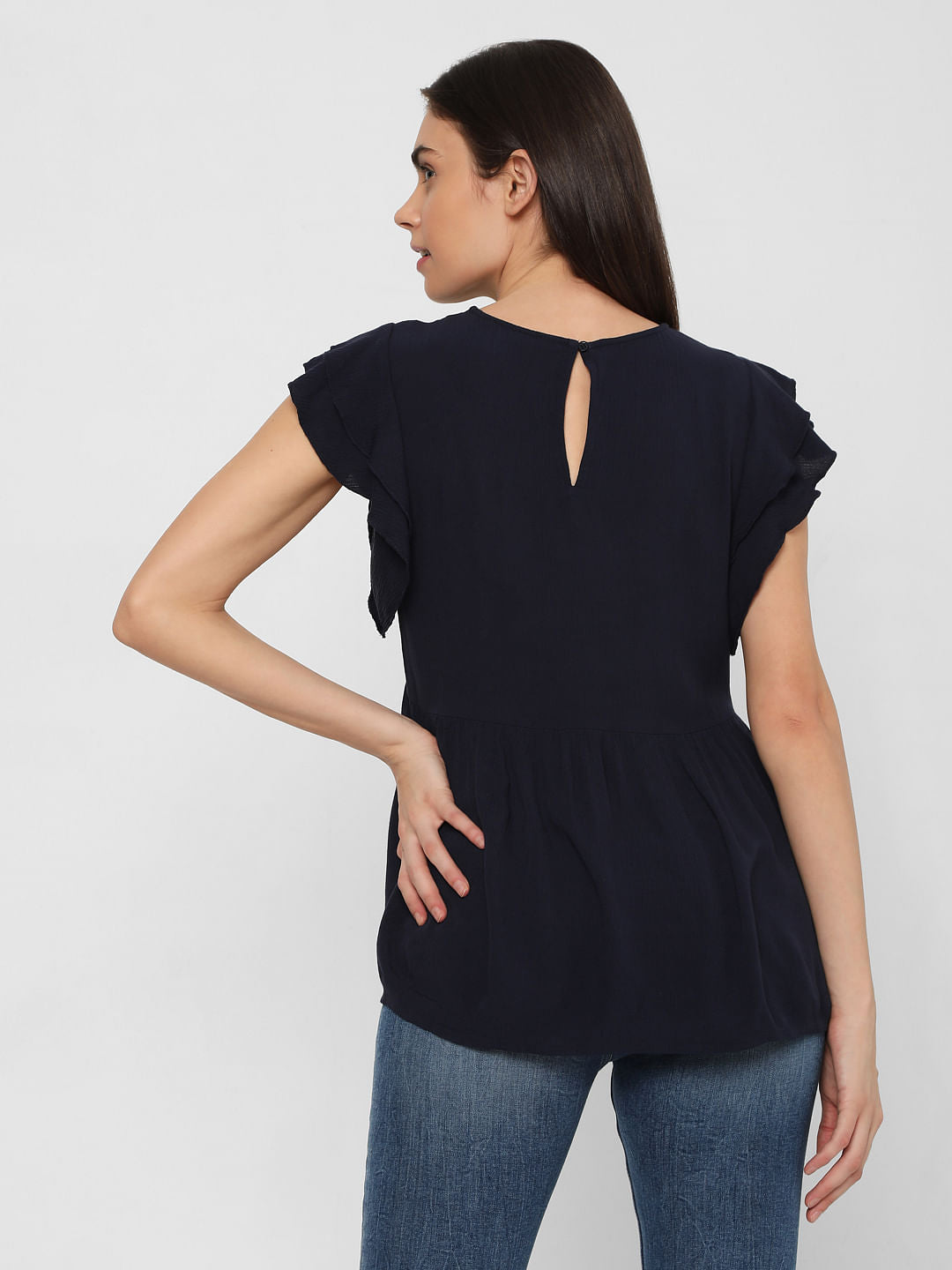 Blue Embroidered Peplum Top