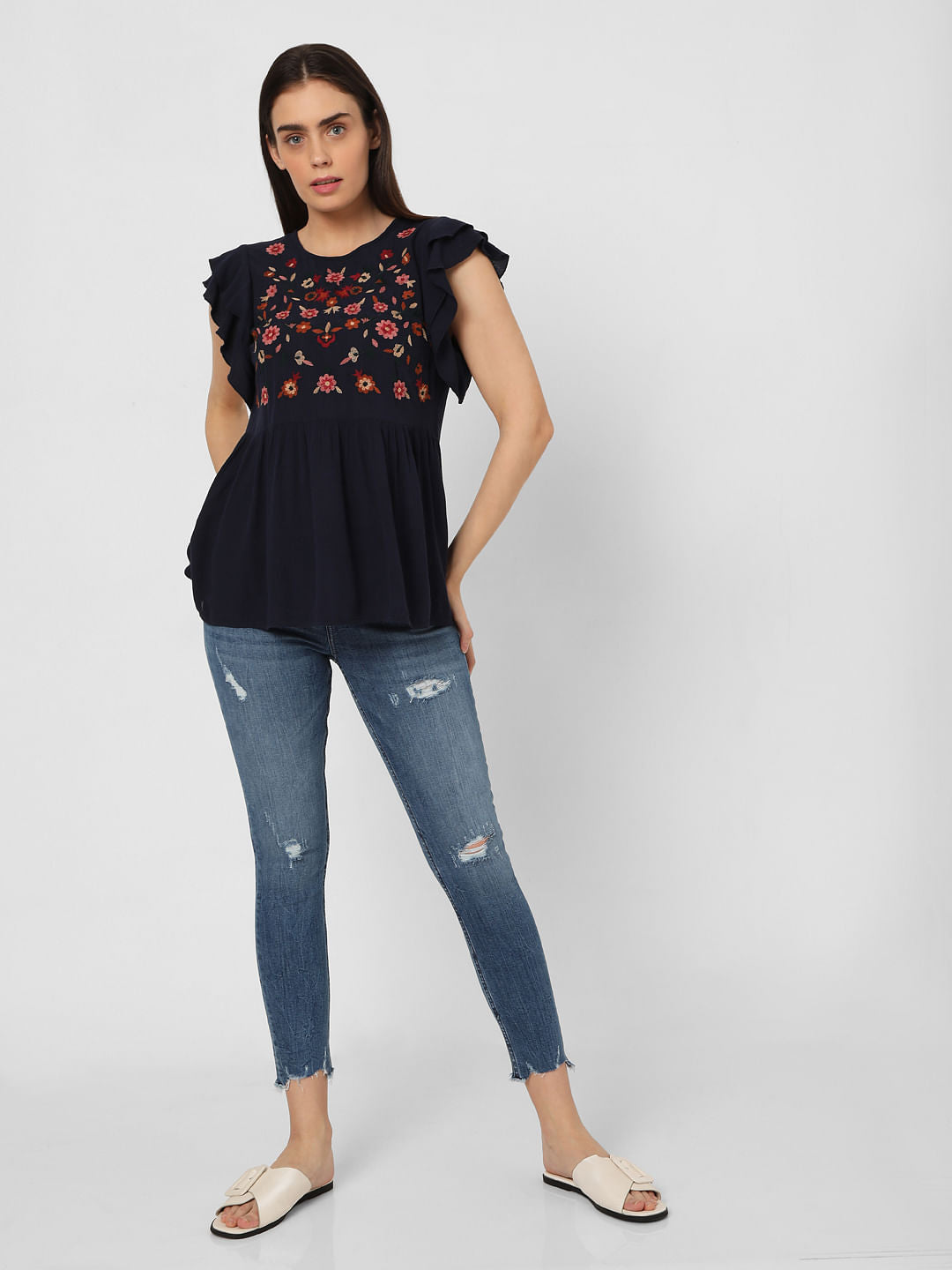 Blue Embroidered Peplum Top