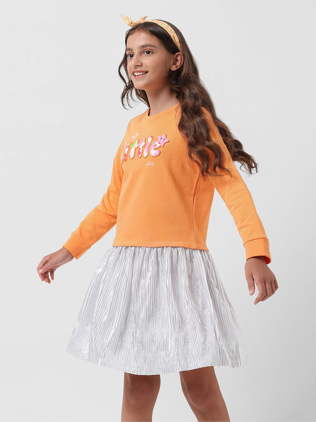 Girl Orange Printed Sweatshirt Dress