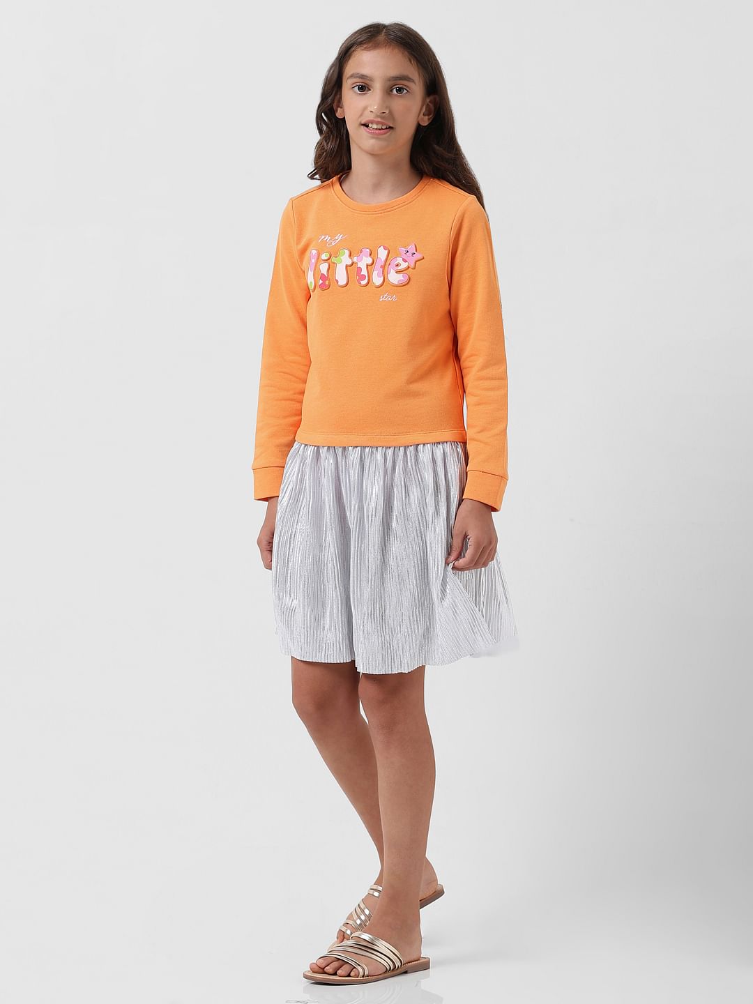 Girl Orange Printed Sweatshirt Dress