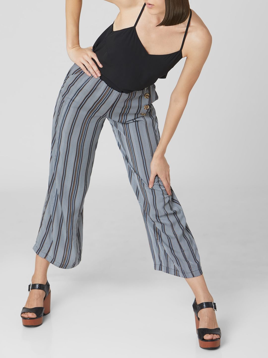Navy Blue High Rise Striped Pants
