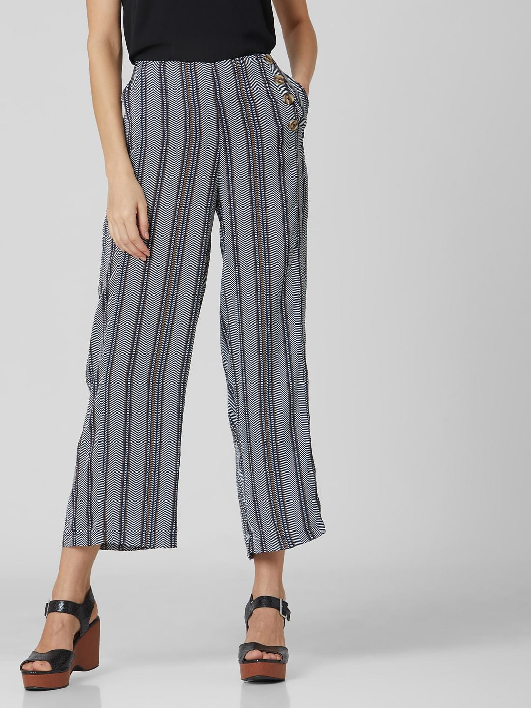 Navy Blue High Rise Striped Pants