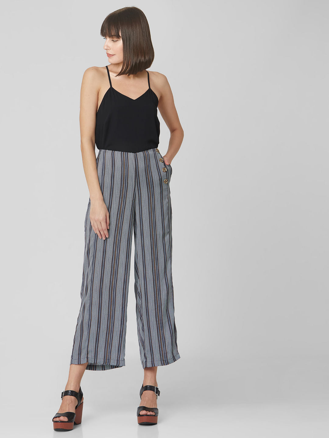 Navy Blue High Rise Striped Pants