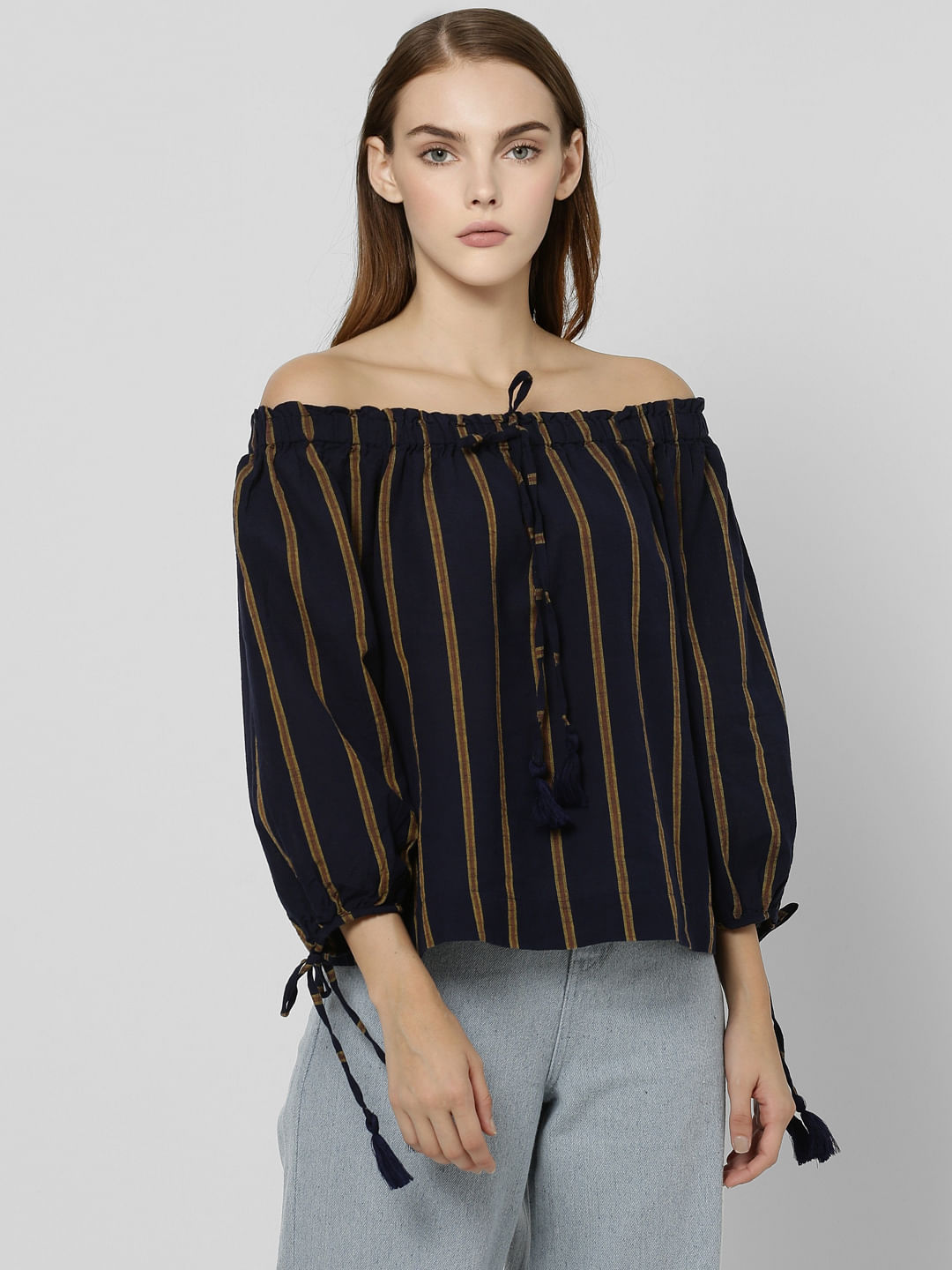 Black Striped Off Shoulder Crop Top