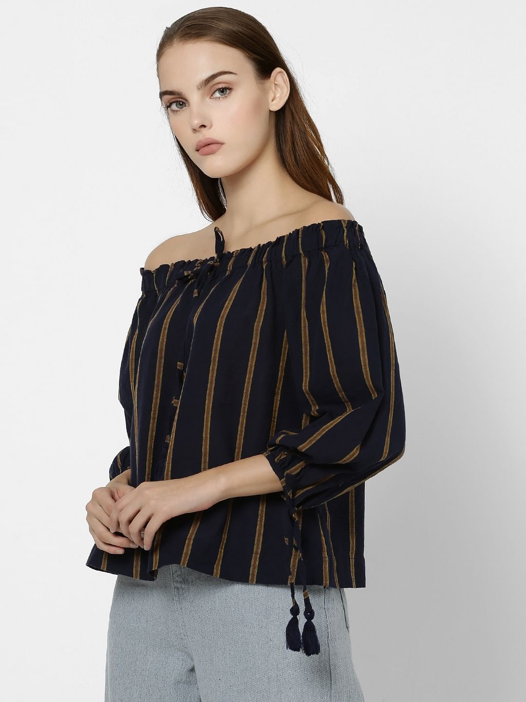 Black Striped Off Shoulder Crop Top