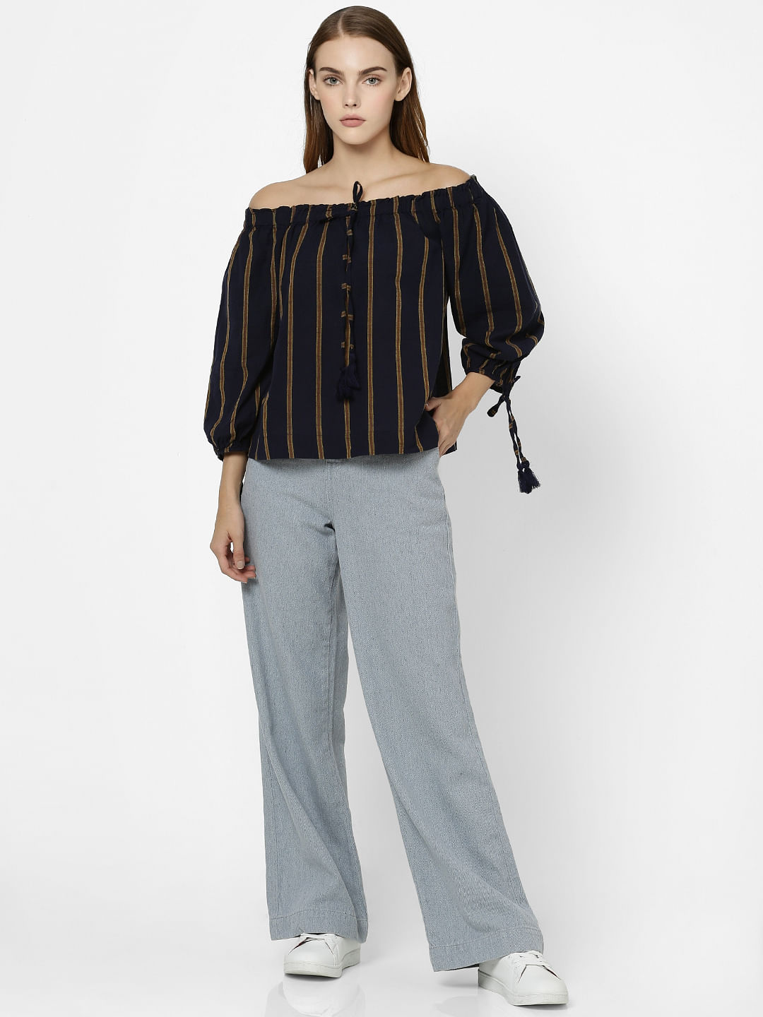 Black Striped Off Shoulder Crop Top