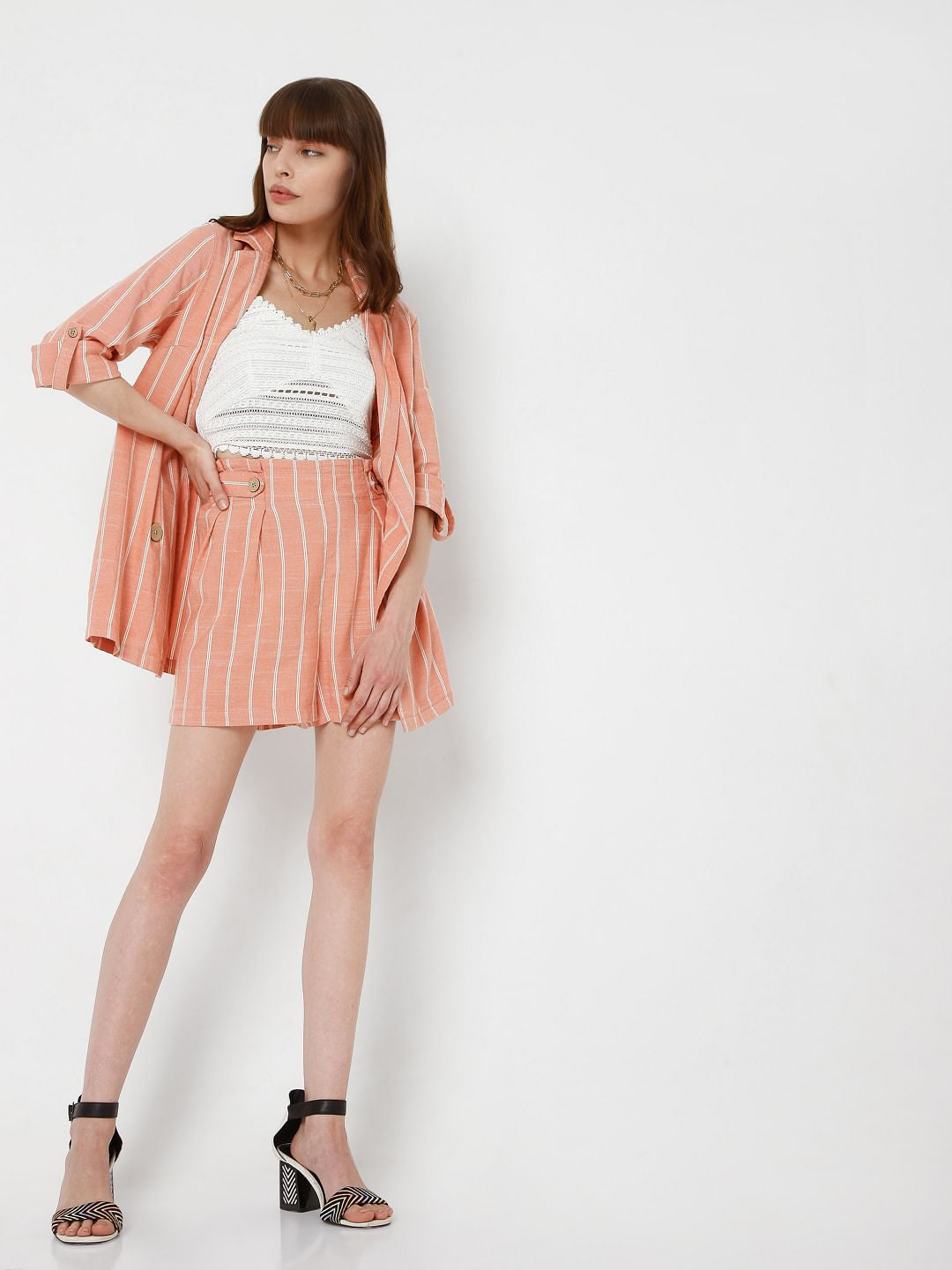 Peach Striped Co-Ord Set Shorts