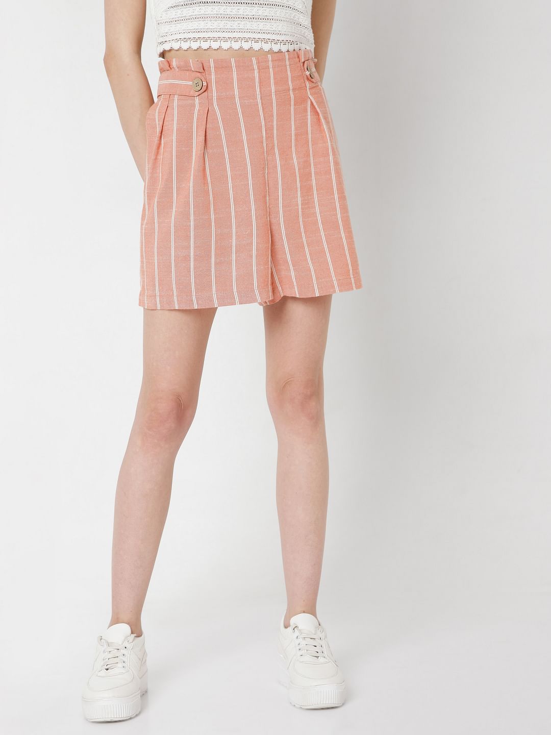 Peach Striped Co-Ord Set Shorts