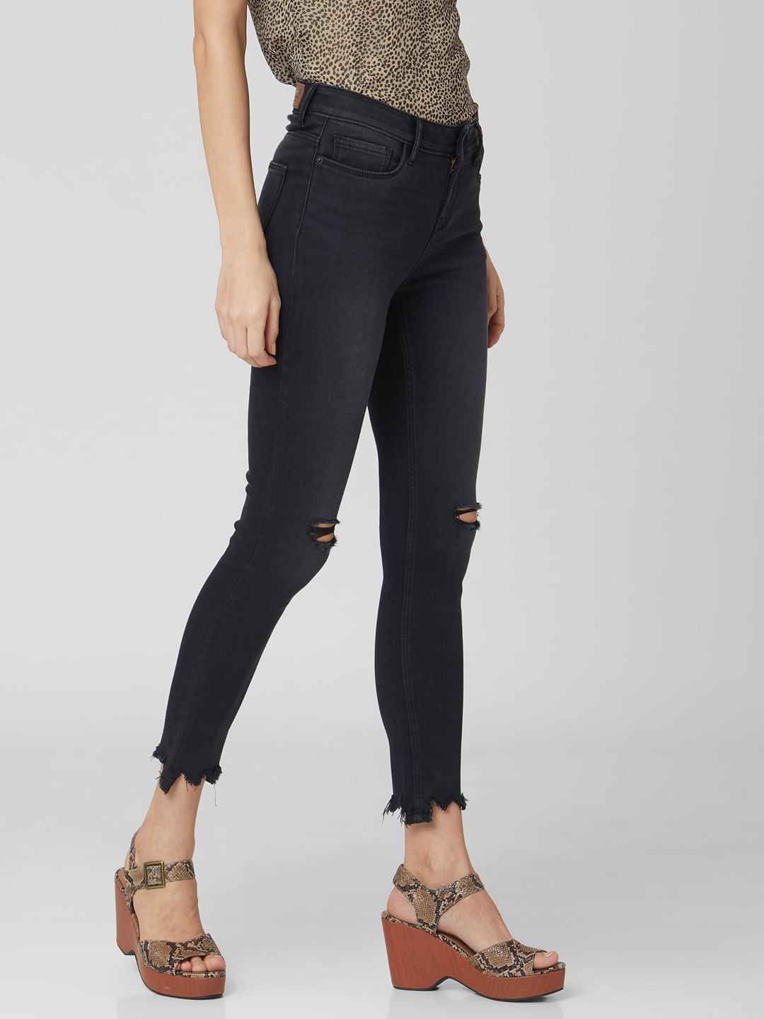 Black Mid Rise Ripped Skinny Jeans