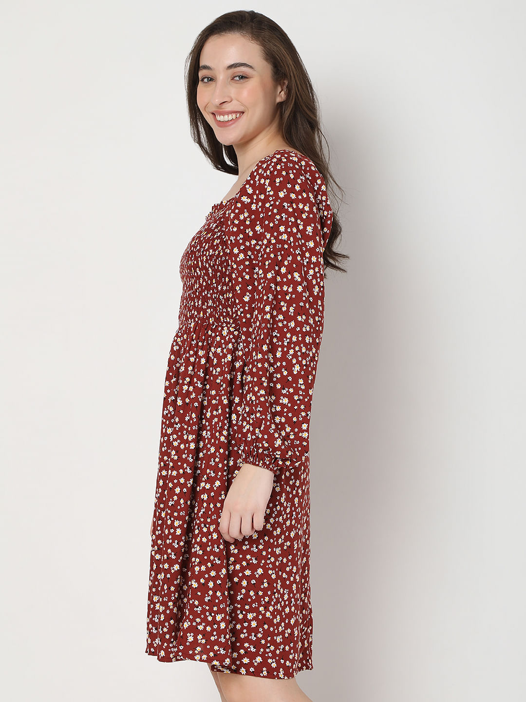 Maroon Floral Print Fit & Flare Dress