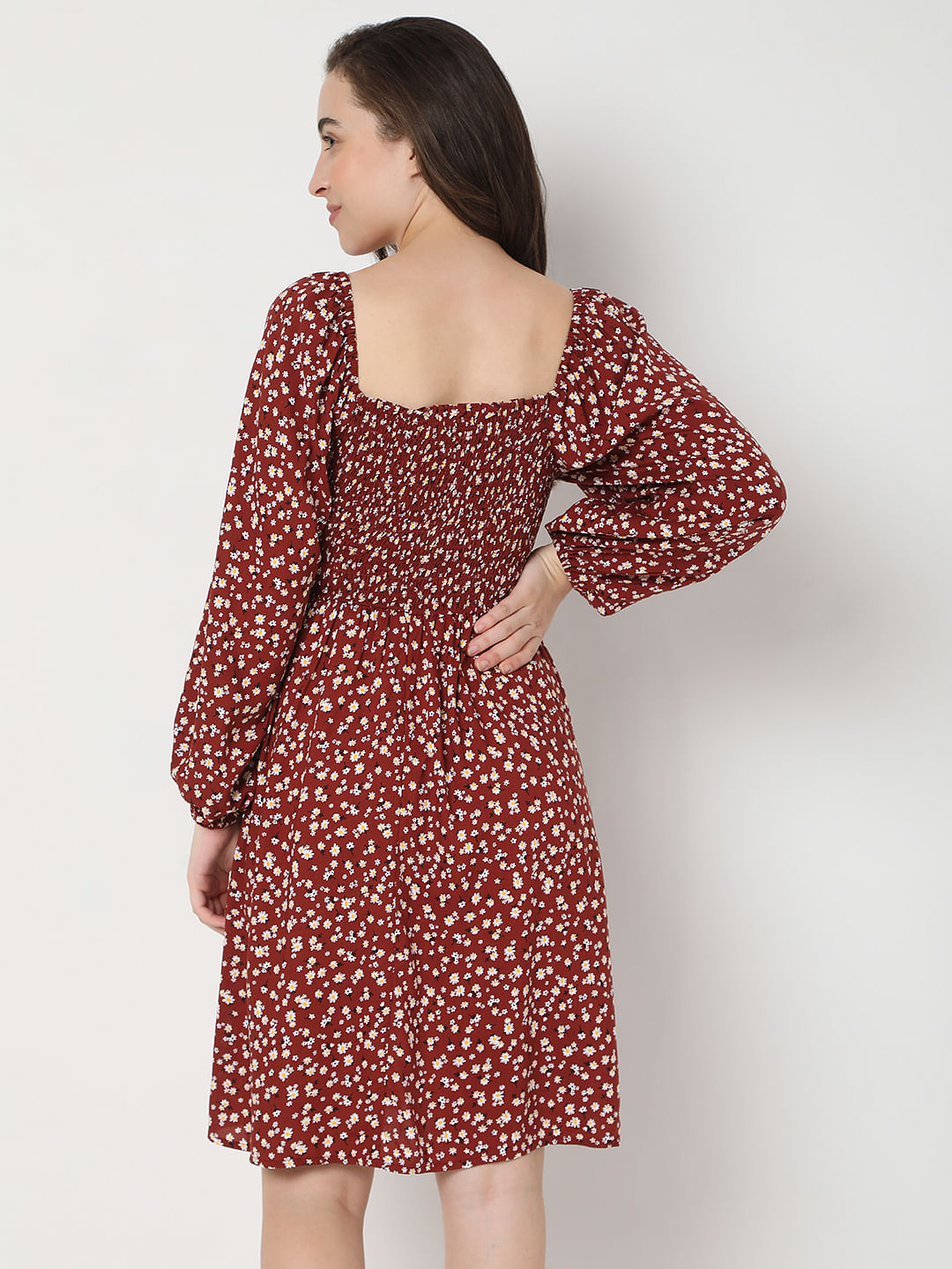 Maroon Floral Print Fit & Flare Dress
