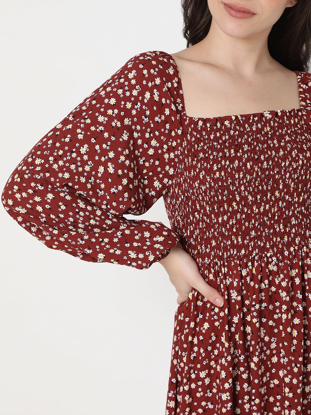 Maroon Floral Print Fit & Flare Dress
