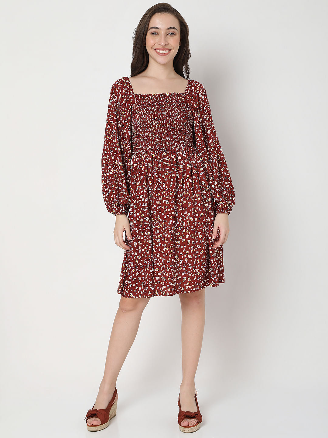 Maroon Floral Print Fit & Flare Dress