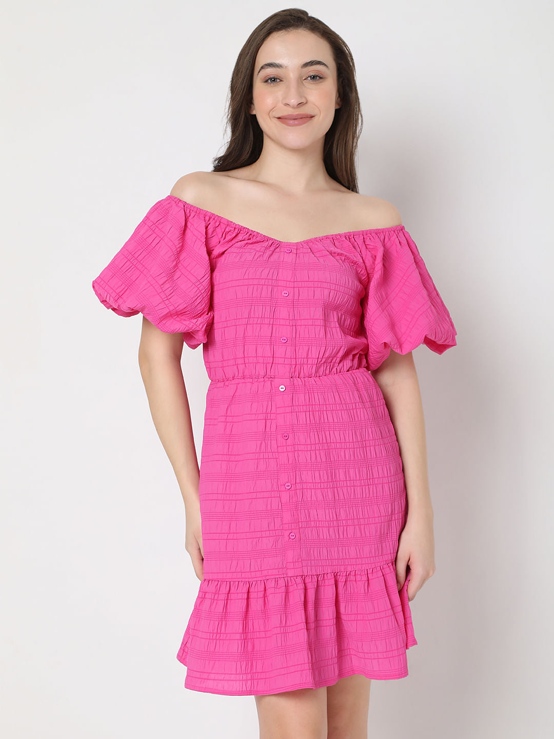 Pink Textured Off-Shoulder Dress