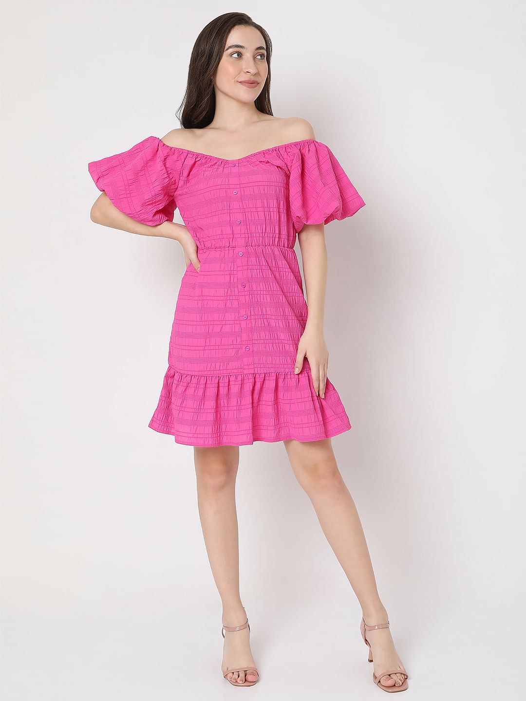 Pink Textured Off-Shoulder Dress