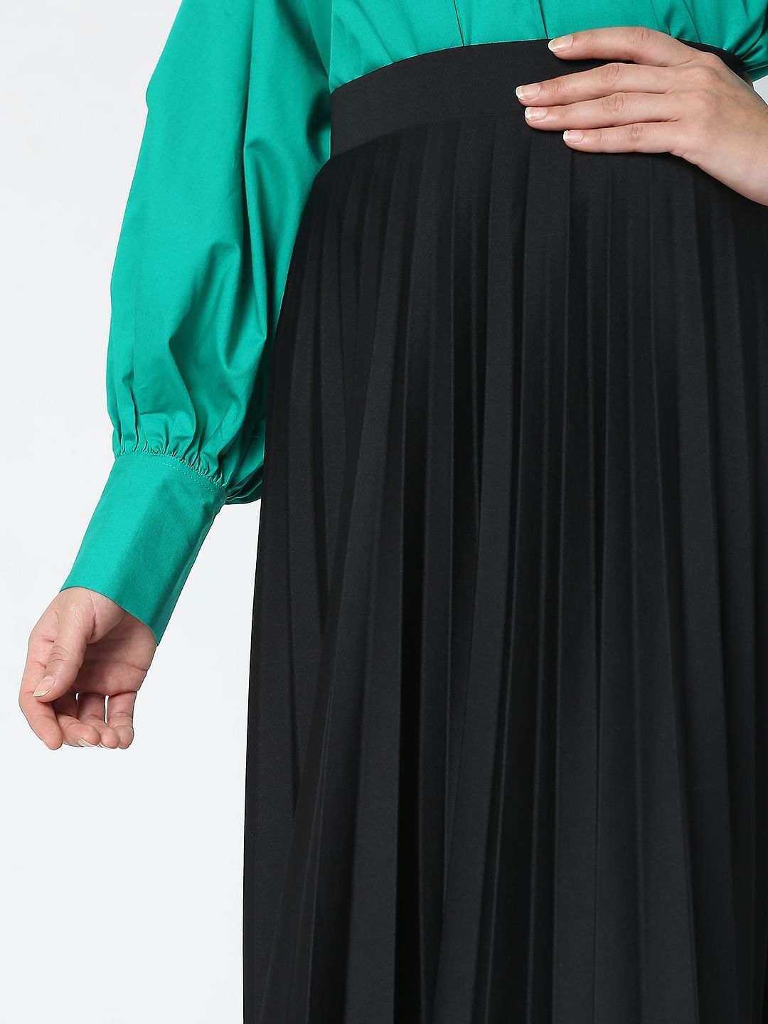 Black High Rise Pleated Midi Skirt