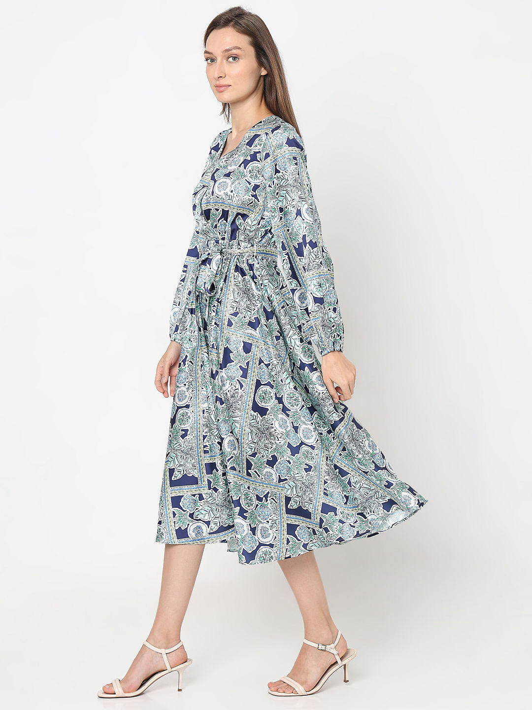 Blue Printed Satin Midi Dress