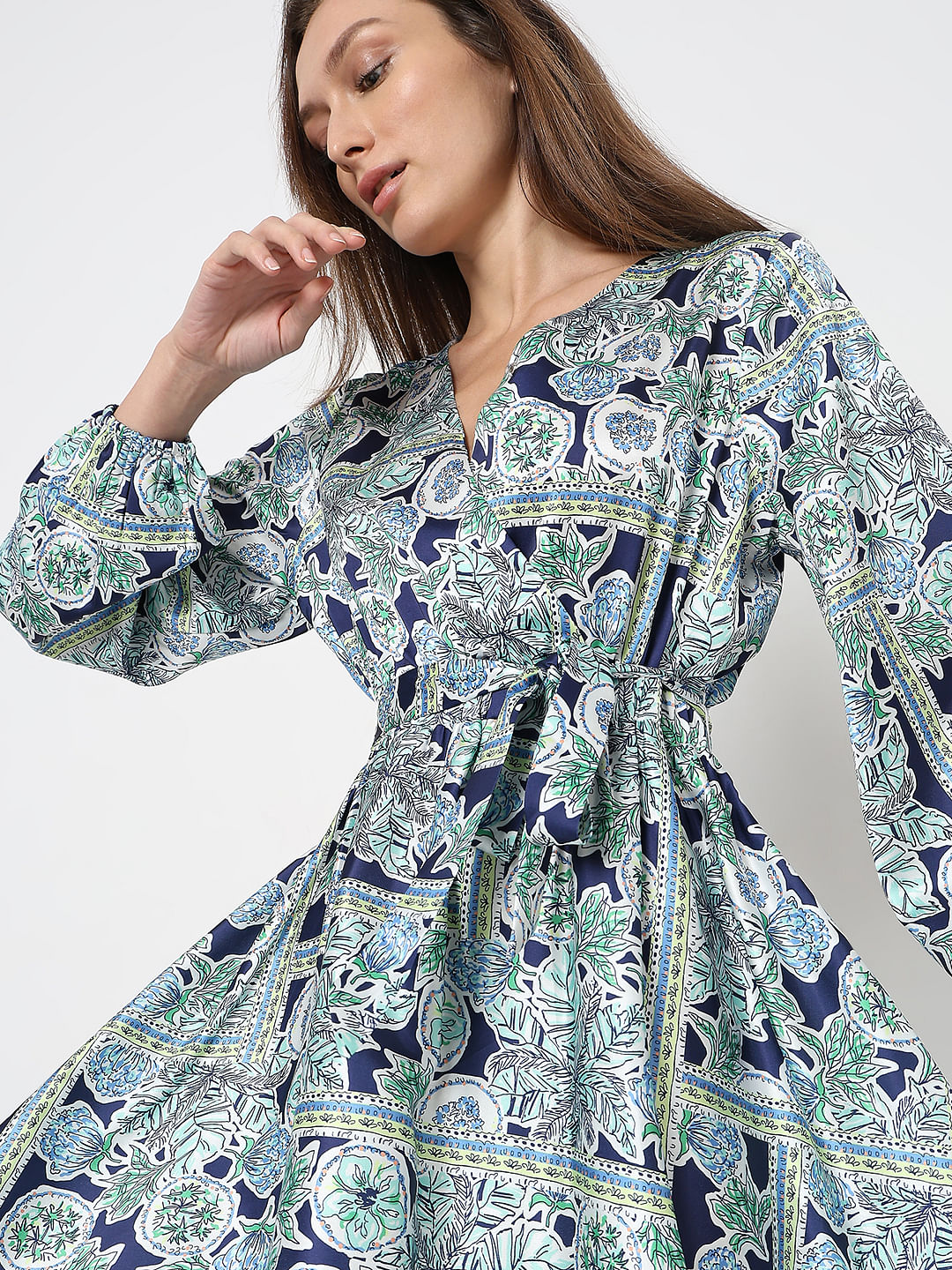 Blue Printed Satin Midi Dress